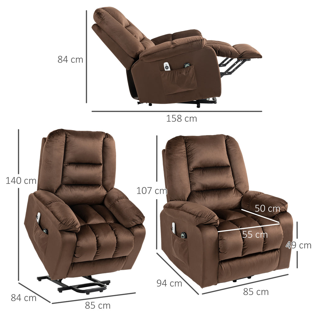 HOMCOM Relaxing Lift Chair, Reclining, Massaging and Heated in Velvet, Brown - Borgè