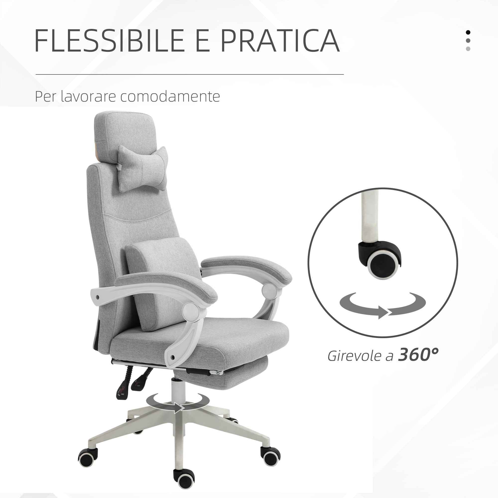 Vinsetto Ergonomic Office Chair, Desk Chair with Wheels, Lumbar Cushion, Removable Headrest and Footrest, Grey 62x68x117-127cm
