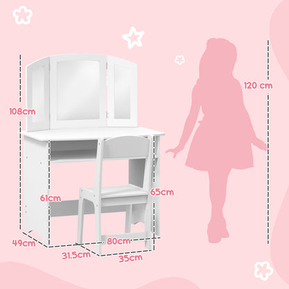 Kids Makeup Set with Removable Triple Mirror Dressing Table and White Wooden Chair