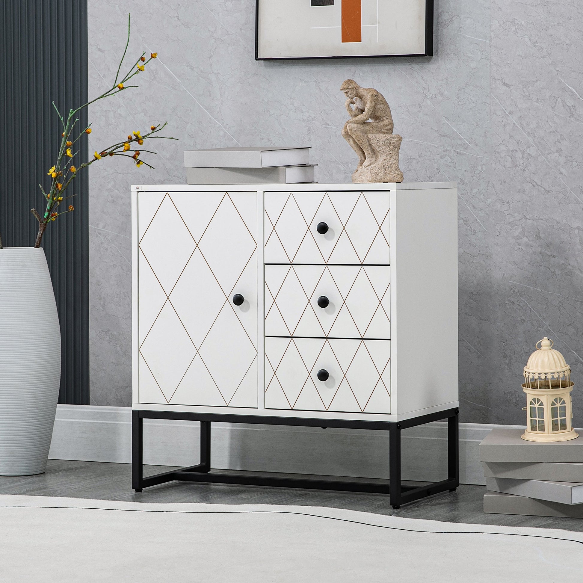 Diamond-shaped chest of drawers with 3 drawers and a cabinet with adjustable shelf, in steel and MDF, 70x35x75 cm, White - Borgè