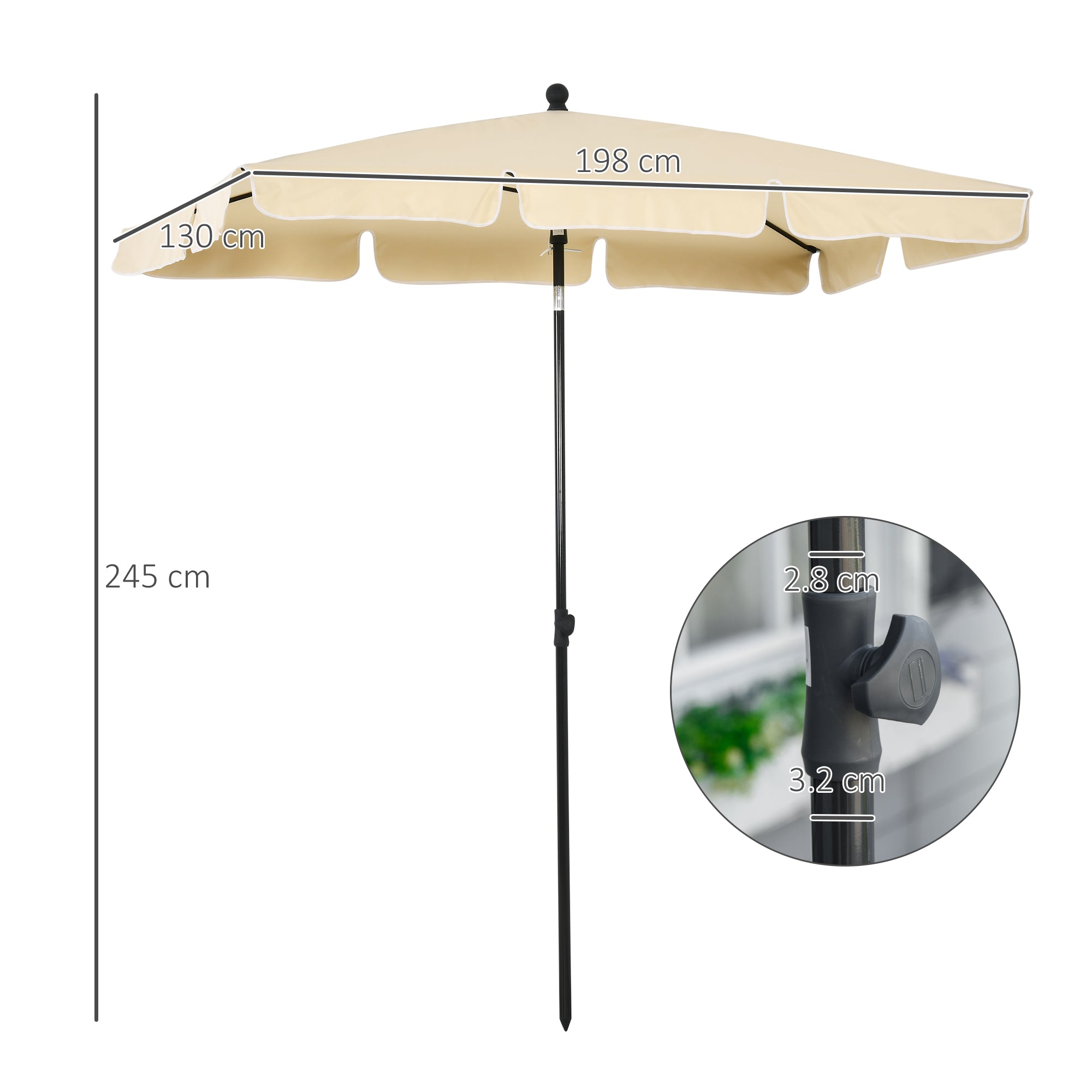 Rectangular and Adjustable Garden Umbrella with Aluminum Pole, 2x1.3x2.5 m, Beige