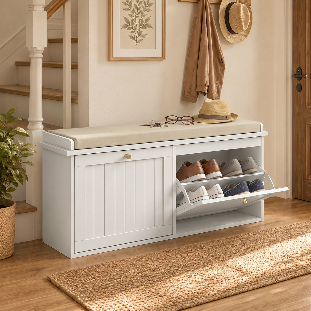 HOMCOM Shoe Bench with Padded Cushion, 2 Folding Drawers for 8-10 Pairs of Shoes, White