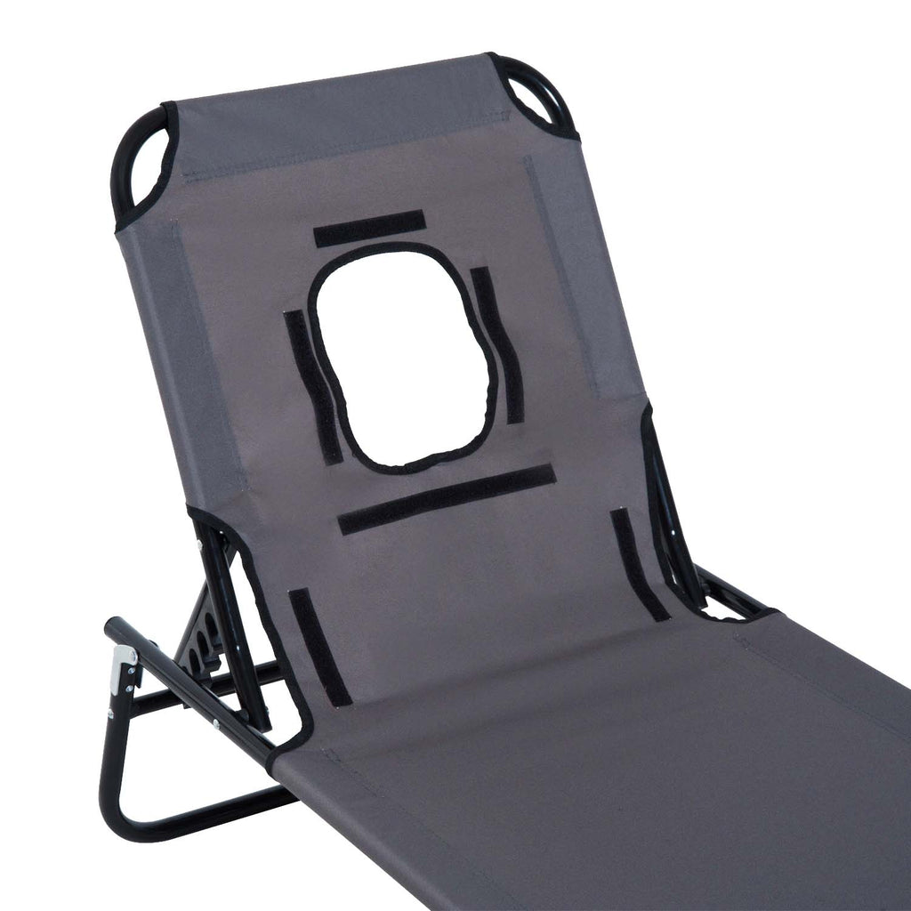 Outsunny Folding Outdoor Lounger with Face Hole and Cushions, Garden Sun Lounger, Beach and Camping, Grey