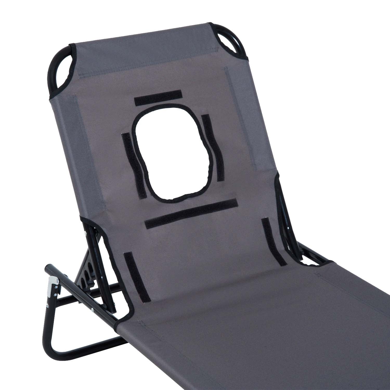 Outsunny Folding Outdoor Lounger with Face Hole and Cushions, Garden Sun Lounger, Beach and Camping, Grey