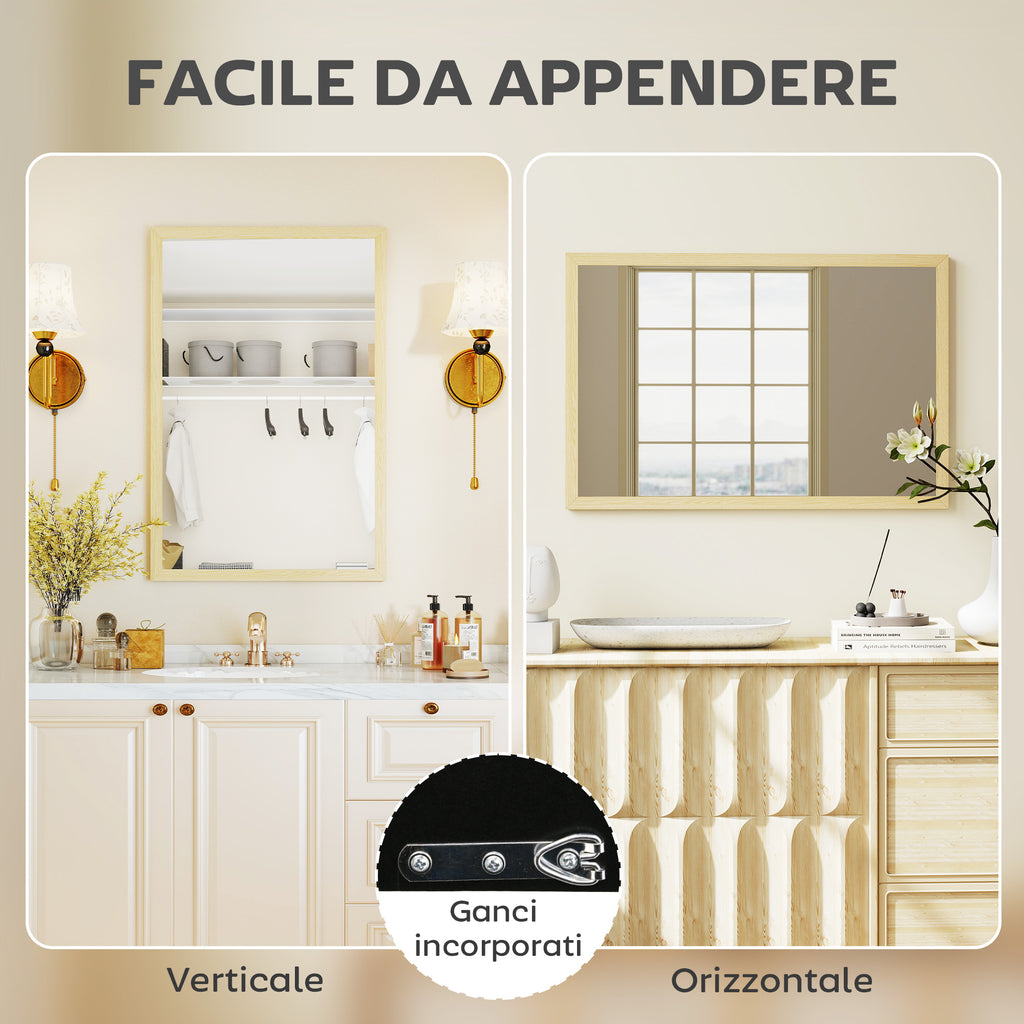 HOMCOM Rectangular Wall Mirror with Hooks, Glass and MDF Wall Mirror, 40x60 cm, Wood Color