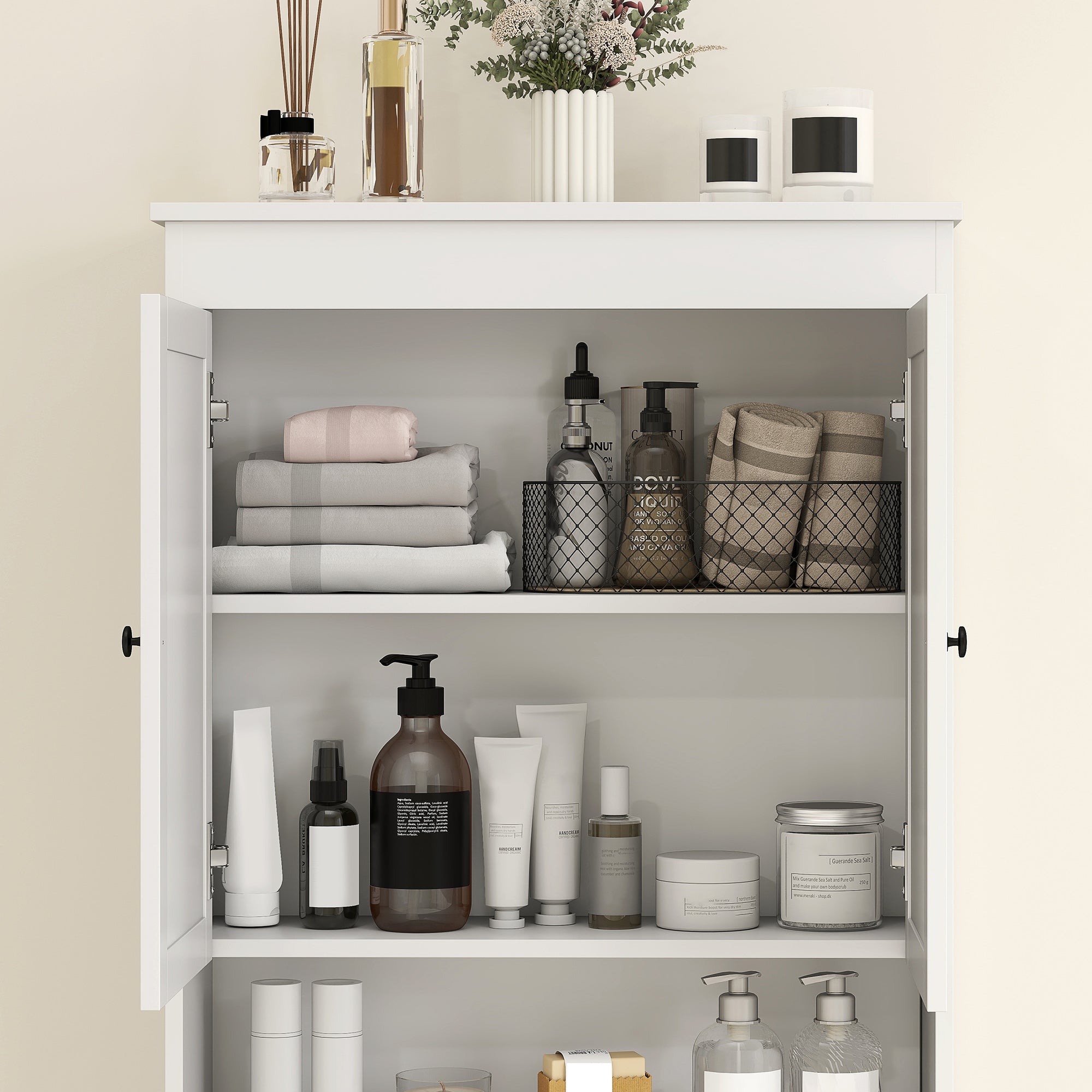 Over-the-Toilet Cabinet with 3 Closed Shelves and Open Shelf, Wooden, 65x22x161 cm, White