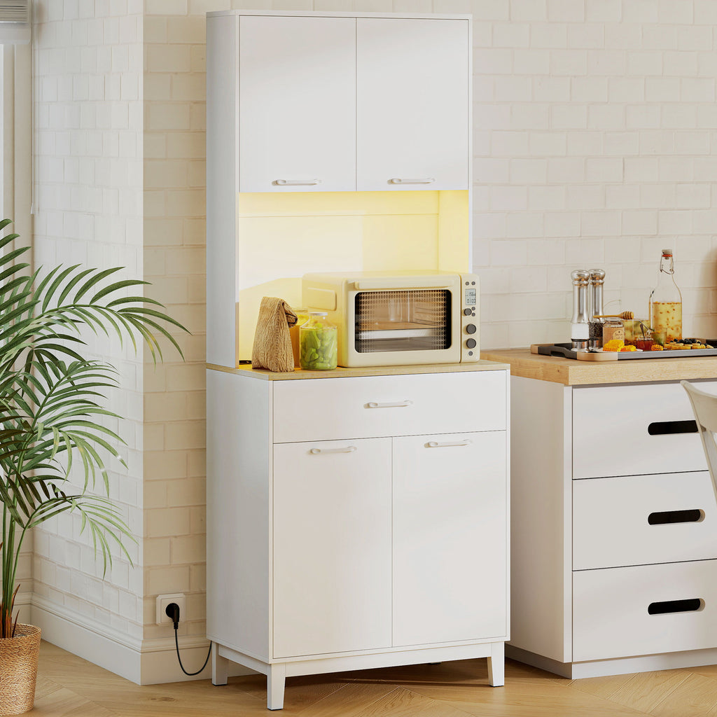 Modern Sideboard with LED Lights, Power Sockets and USB Ports, 2 Cabinets and Drawer, 71x40x180 cm, White