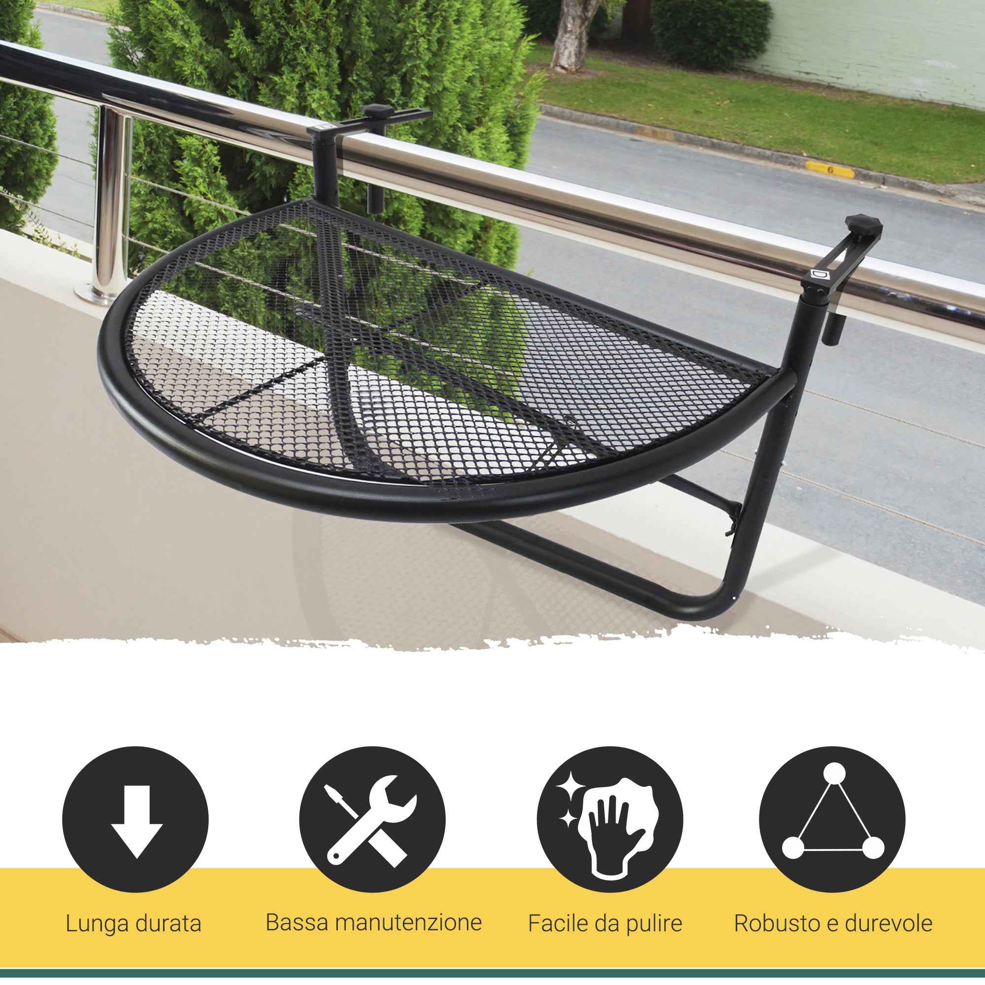 Outsunny Folding Railing Table with 3 Adjustable Heights, Metal, 60x45x50cm, Black