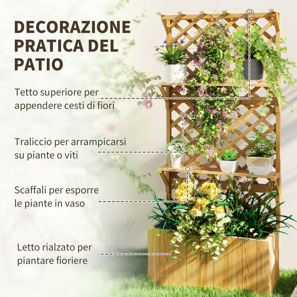Planter with Trellis for Climbing Plants, Drainage Holes and 2 Shelves, in Fir Wood, 76x33x177 cm