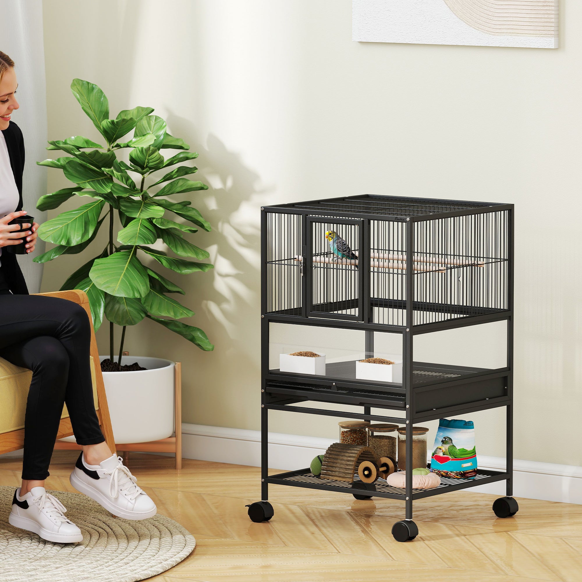 Bird Cage with Bottom Shelf, Removable Tray and Grid, Steel and PP, 48x46x83 cm, Black