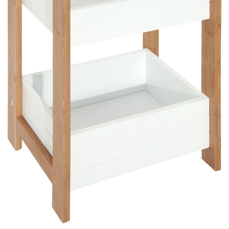 Bathroom Cabinet Multipurpose 3-Tier Compact Shelf in MDF Wood and Bamboo, White, 27.5x20.8x74cm - Borgè