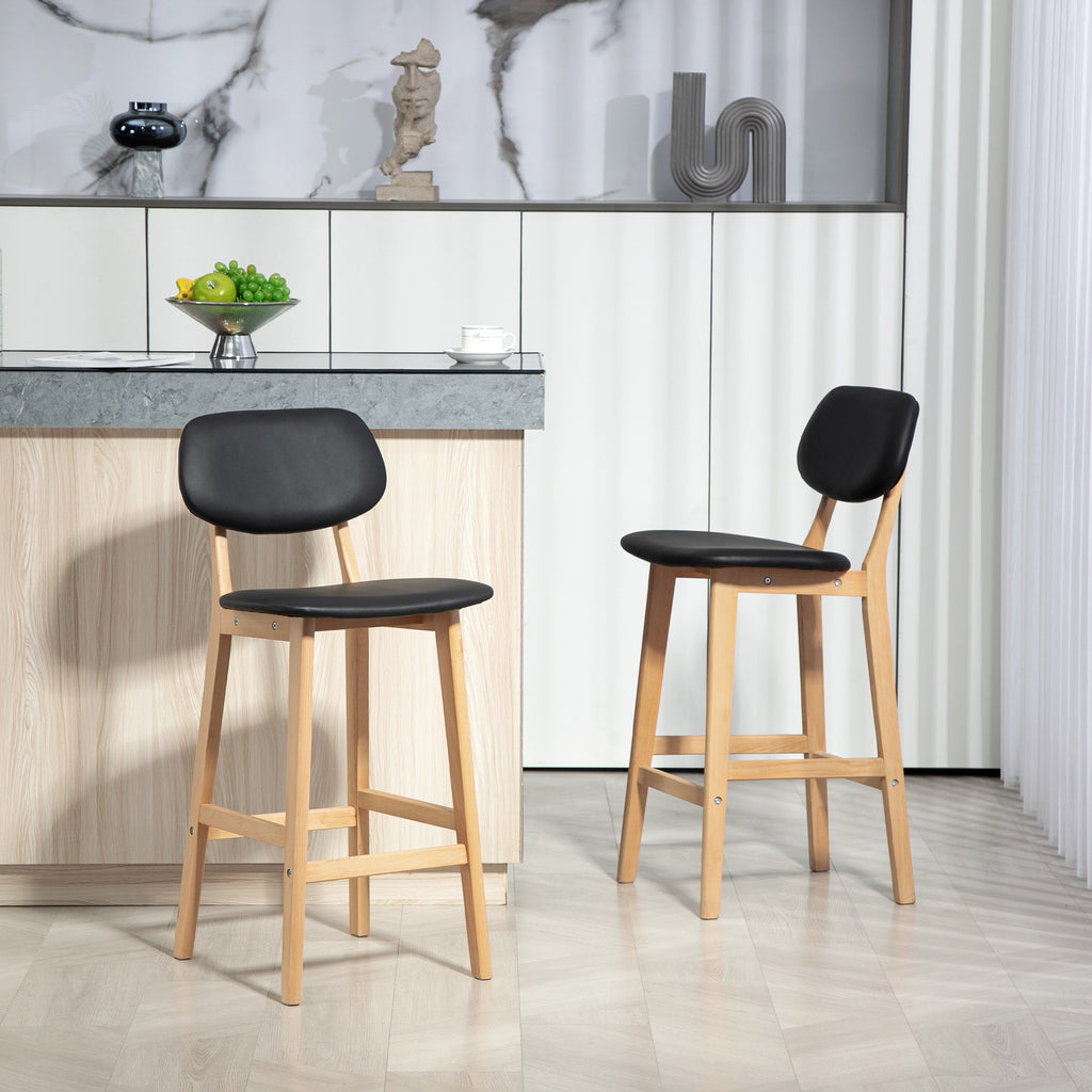 Set of 2 Bar Stools with Backrest, Faux Leather Cover and Footrest, 42x47x92cm, Black - Borgè