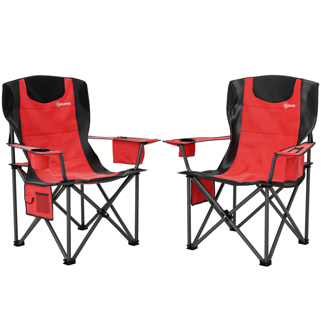 Set of 2 Folding Camping Chairs with Cooler Bag, Cup Holder and 2 Pockets, 94x62x100 cm, Red