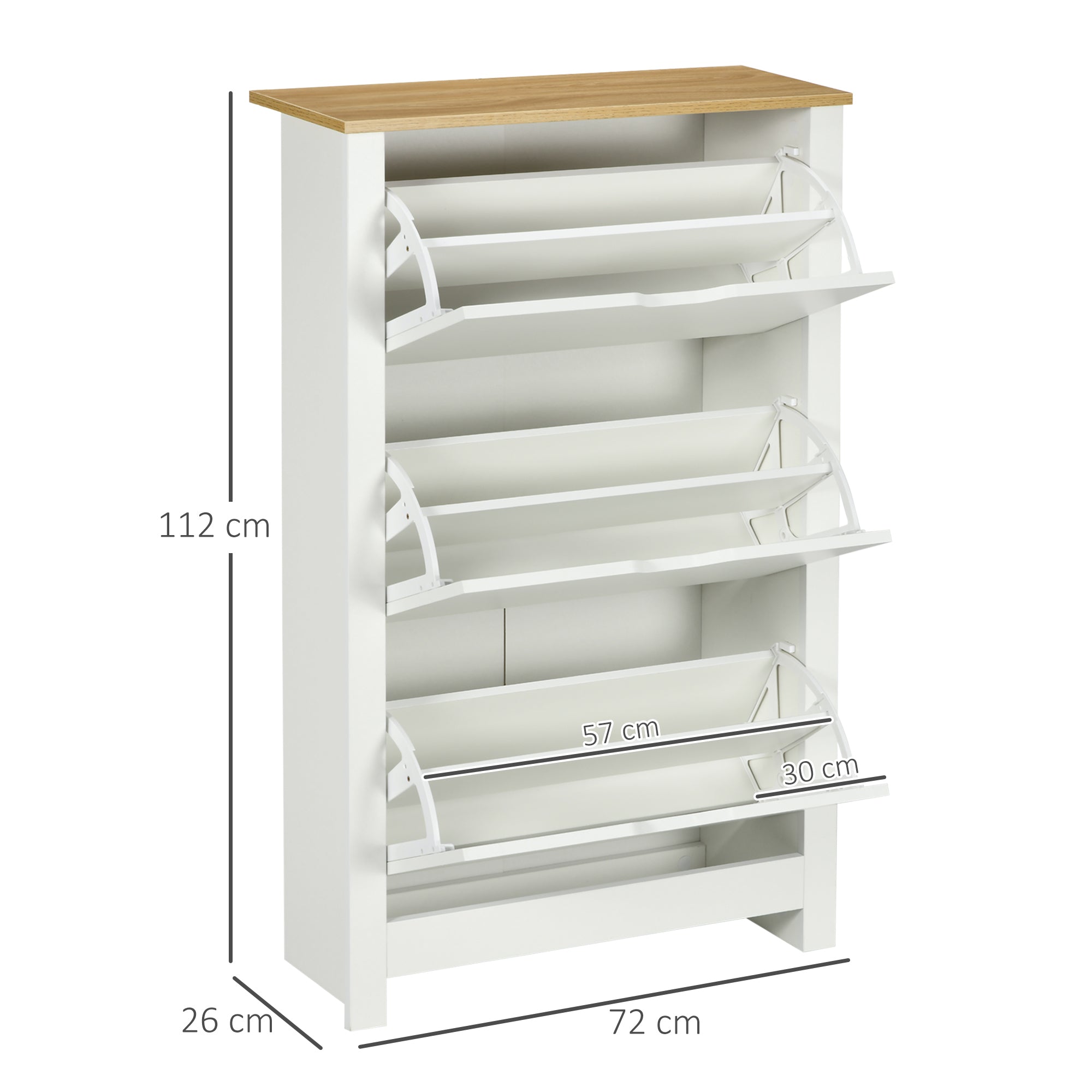 Slim Shoe Rack for 18 Pairs of Shoes, 3 Drawers with 2 Adjustable and Removable Shelves, 72x26x112 cm, White