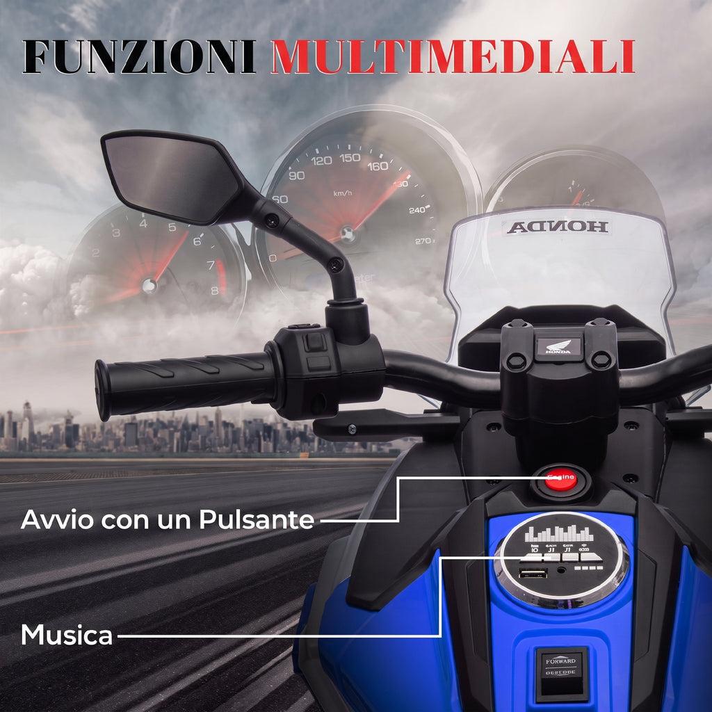 AIYAPLAY Electric Motorcycle for Children 3-6 Years Old, Honda Licensed, 12V Dual Motors, Wheels, 3 km/h, Max 30kg, Blue