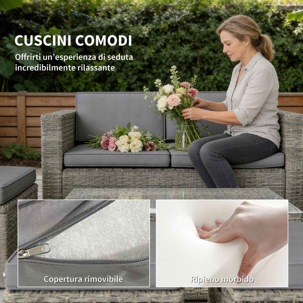 Outsunny 6-Piece Outdoor Set with Sofa, 2 Chairs, Glass-Top Coffee Table, and 2 Ottomans, Dark Grey