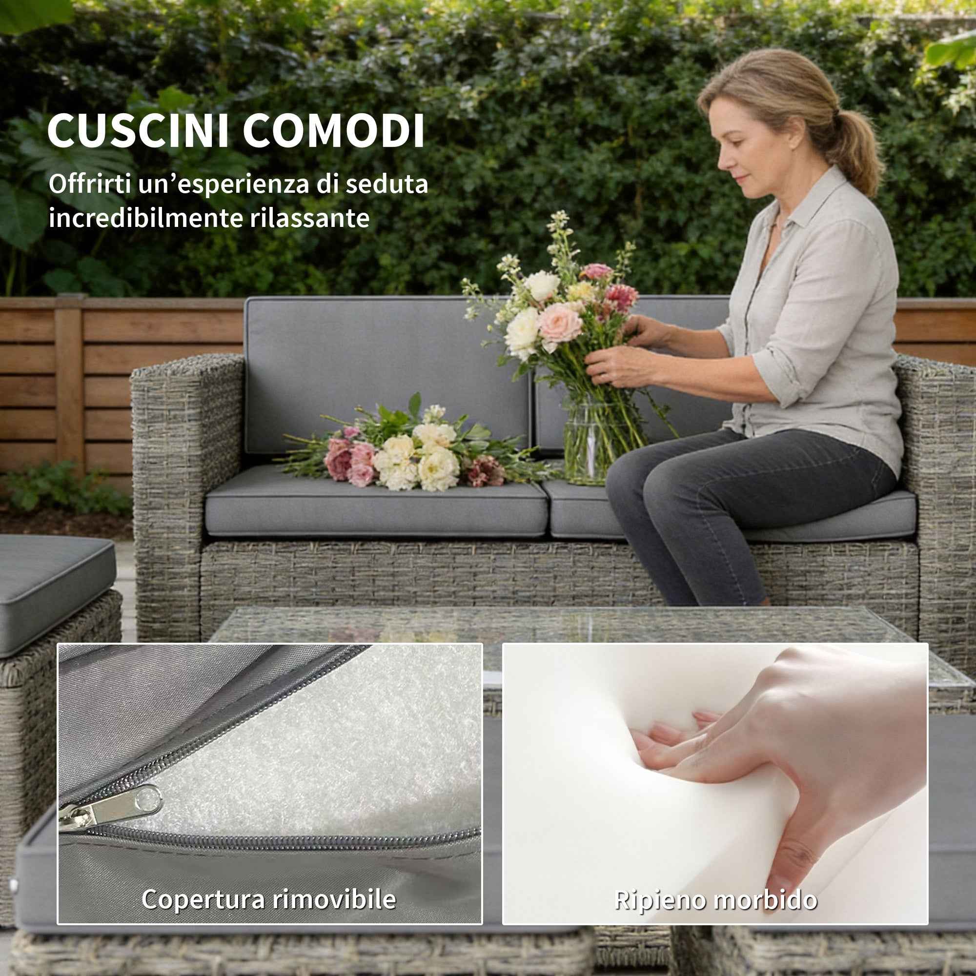 Outsunny 6-Piece Outdoor Set with Sofa, 2 Chairs, Glass-Top Coffee Table, and 2 Ottomans, Dark Grey