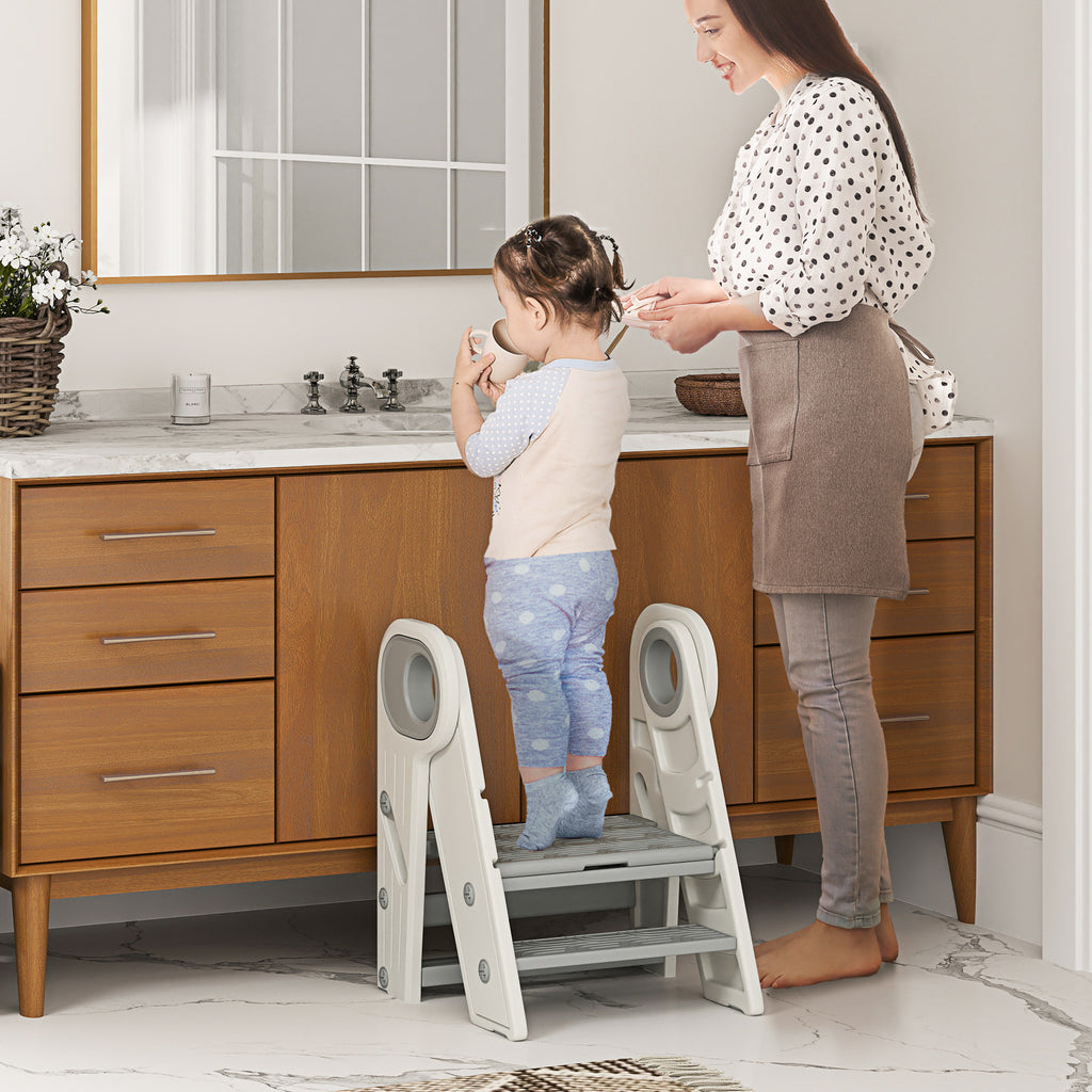AIYAPLAY Montessori Tower for Children, Foldable, 3-Step Adjustable, with Handle and Non-Slip Surface, Grey