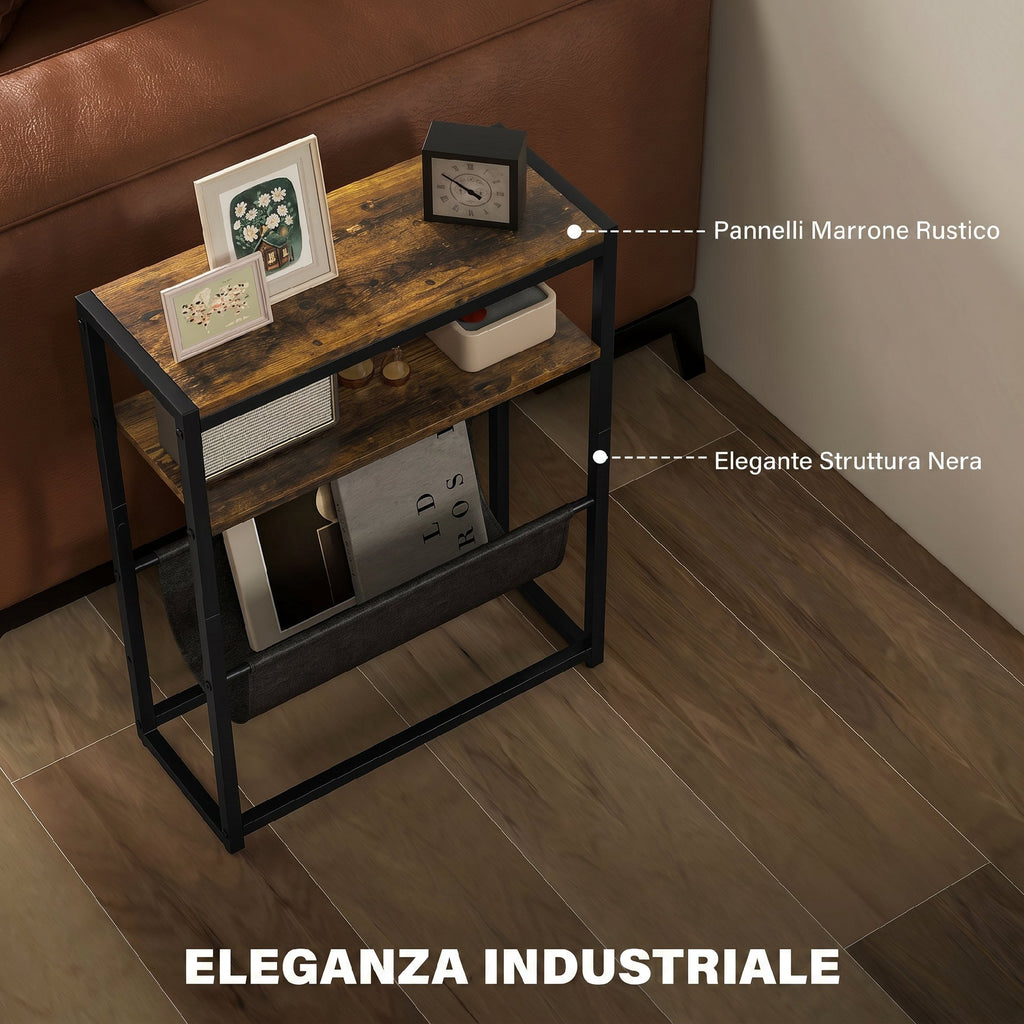 HOMCOM Narrow Coffee Table, Industrial Side Table with 3 Shelves, V-Shaped Magazine Rack, Nightstand for Living Room, Small Spaces, Rustic Brown