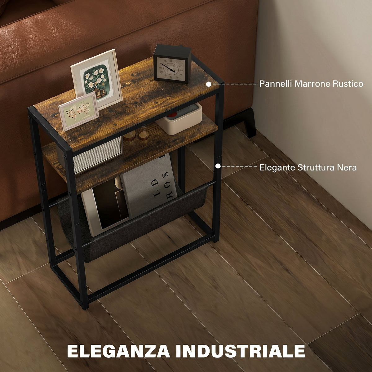 HOMCOM Narrow Coffee Table, Industrial Side Table with 3 Shelves, V-Shaped Magazine Rack, Nightstand for Living Room, Small Spaces, Rustic Brown