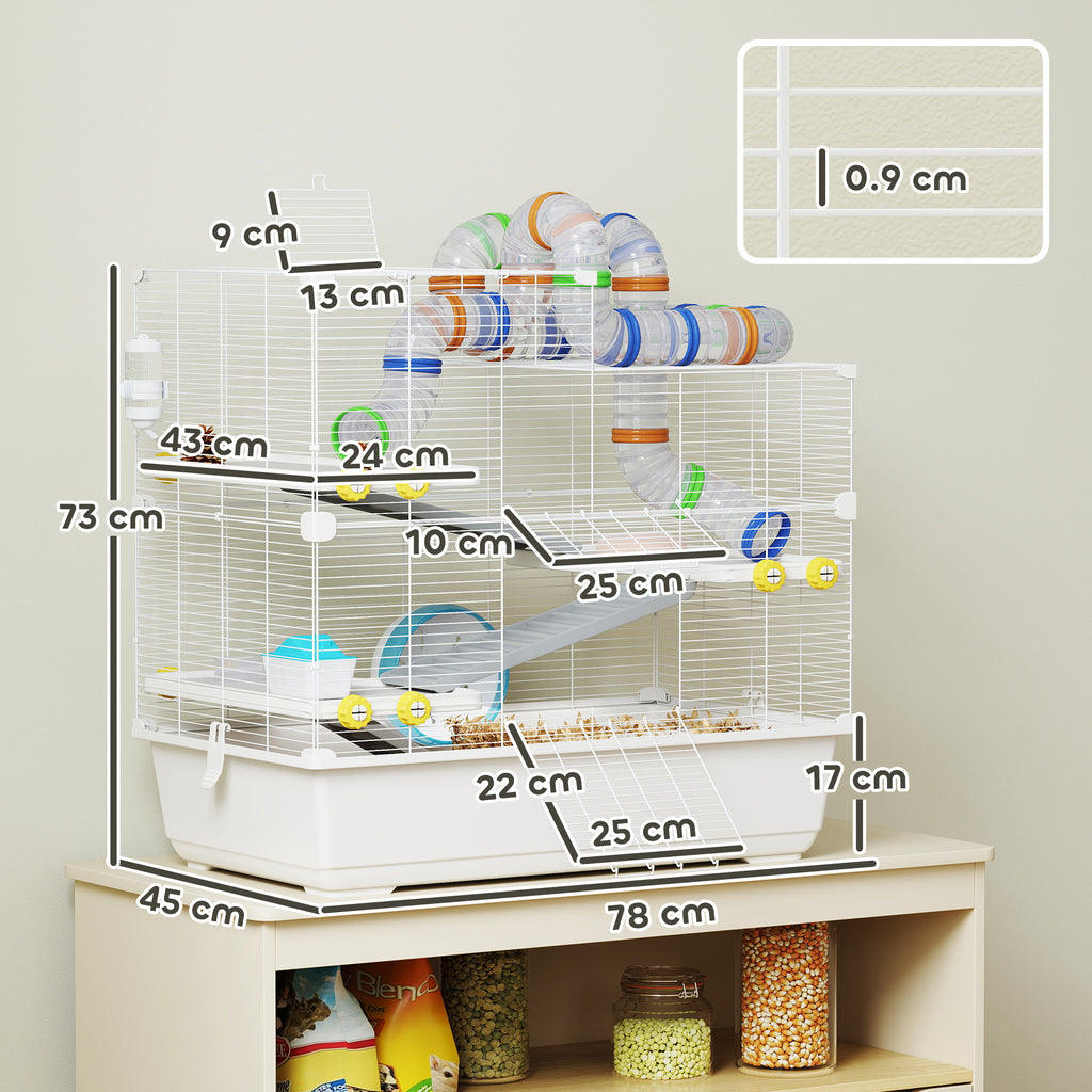 4-Tier Hamster Cage with Tubes, Wheel, 3 Doors and Tray, in Metal, PP and PS, 78x45x73 cm, White