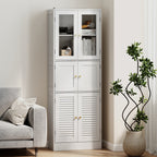Bathroom Cabinet with 3 Glass and Wood 2-Door Cabinets, Adjustable Shelves, 60x30x170 cm, White