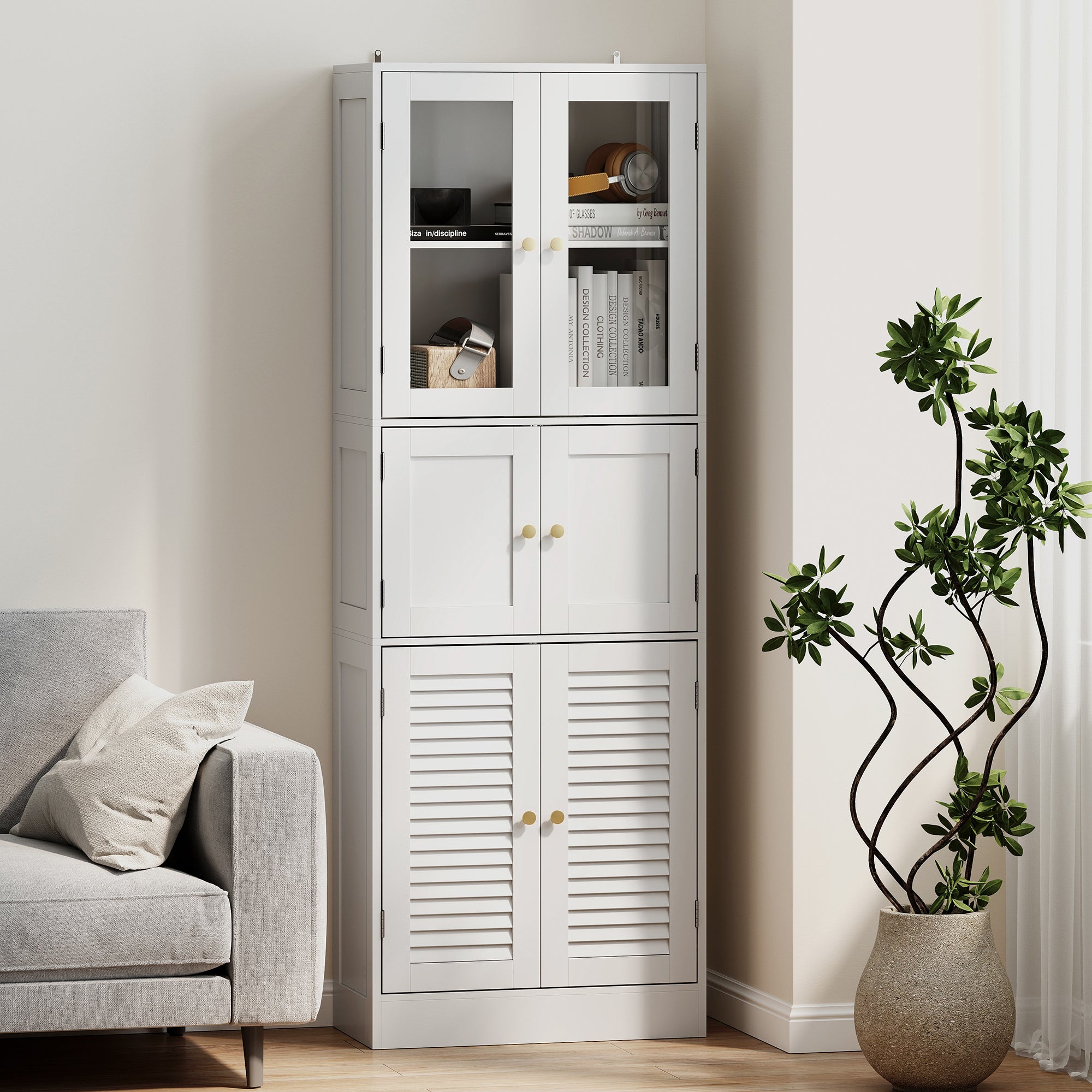 Bathroom Cabinet with 3 Glass and Wood 2-Door Cabinets, Adjustable Shelves, 60x30x170 cm, White