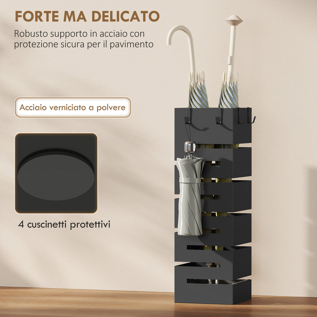 HOMCOM Indoor Metal Umbrella Stand with 4 Hooks, Removable Drip Tray, Holds 8 Umbrellas, Black