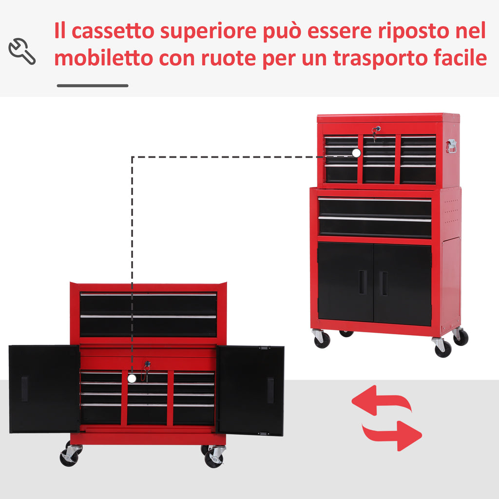 2-in-1 Tool Cart with Upper Drawer and Lower Cabinet, Metal, 61.6x33x108 cm, Red