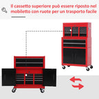 2-in-1 Tool Cart with Upper Drawer and Lower Cabinet, Metal, 61.6x33x108 cm, Red
