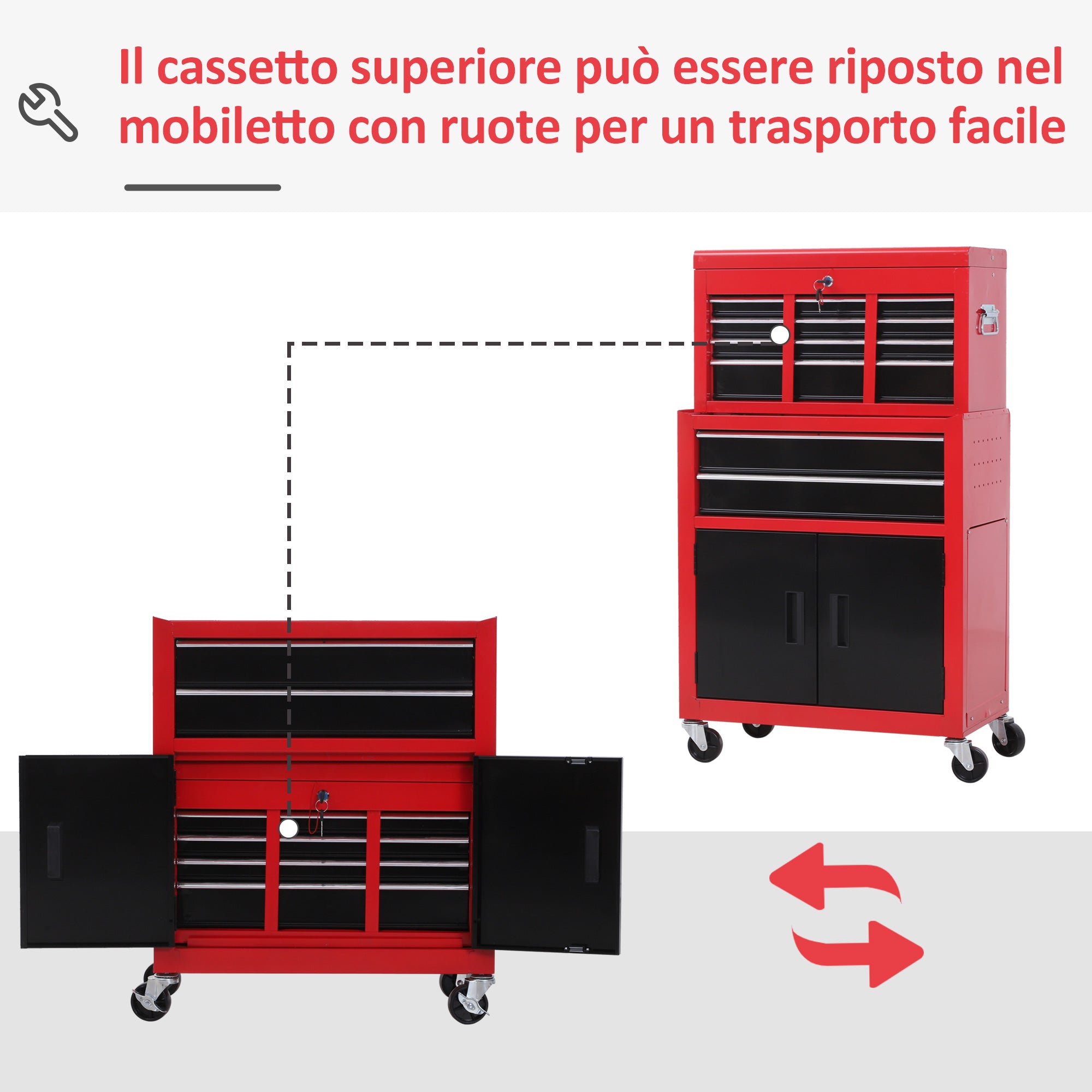 2-in-1 Tool Cart with Upper Drawer and Lower Cabinet, Metal, 61.6x33x108 cm, Red