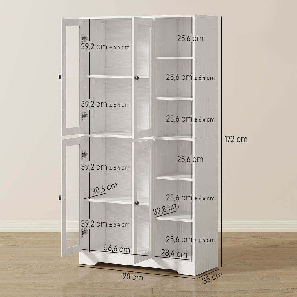 HOMCOM Tall Kitchen Sideboard, Pantry Cabinet with 4 Soft-Close Glass Doors, 6 Open Shelves, Adjustable Shelves, White