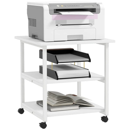 3-Tier Printer Cart with 4 Wheels, Wood and Steel, 50x50x52.5cm, White