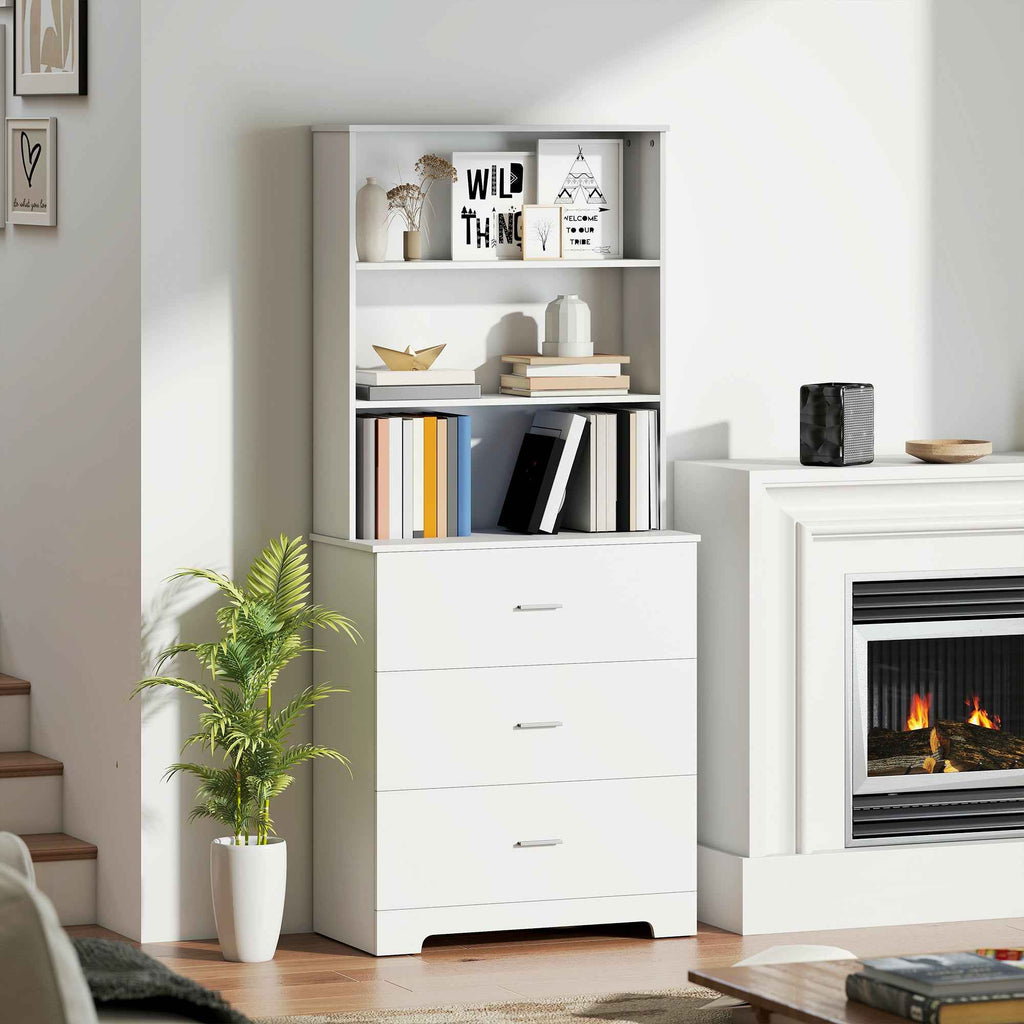HOMCOM Wall-Mounted Bookcase with 3 Open Shelves and 3 Drawers, Wooden, 79x39.5x182.2 cm, White