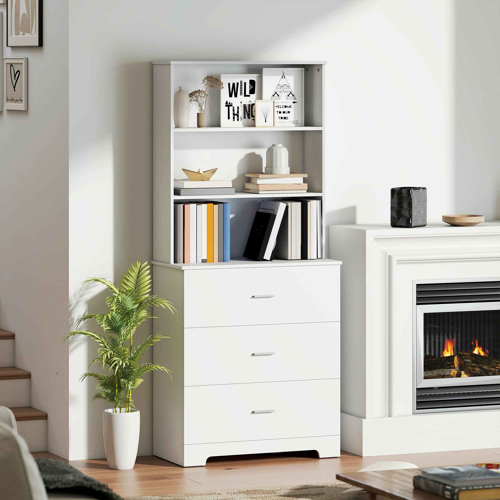 HOMCOM Wall-Mounted Bookcase with 3 Open Shelves and 3 Drawers, Wooden, 79x39.5x182.2 cm, White