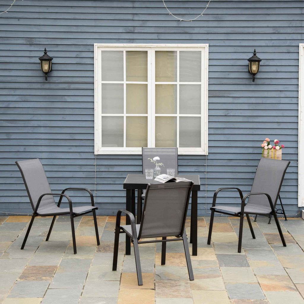 Outsunny Set of 4 Stackable Space-Saving Garden Chairs with Metal Armrests and Mesh Fabric, Grey