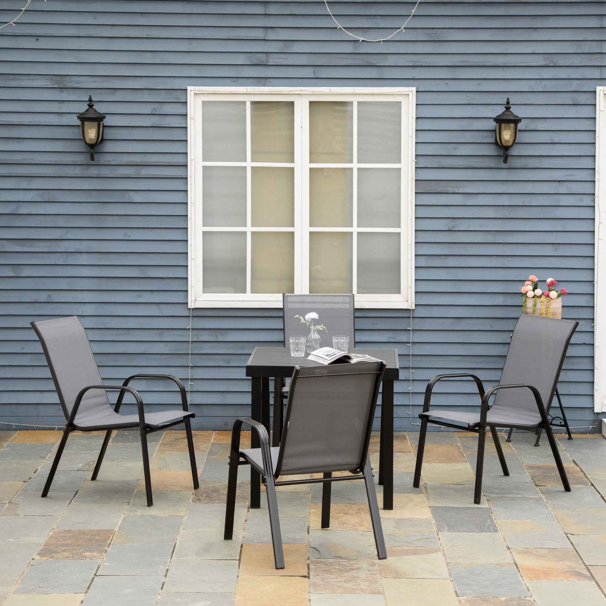 Outsunny Set of 4 Stackable Space-Saving Garden Chairs with Metal Armrests and Mesh Fabric, Grey
