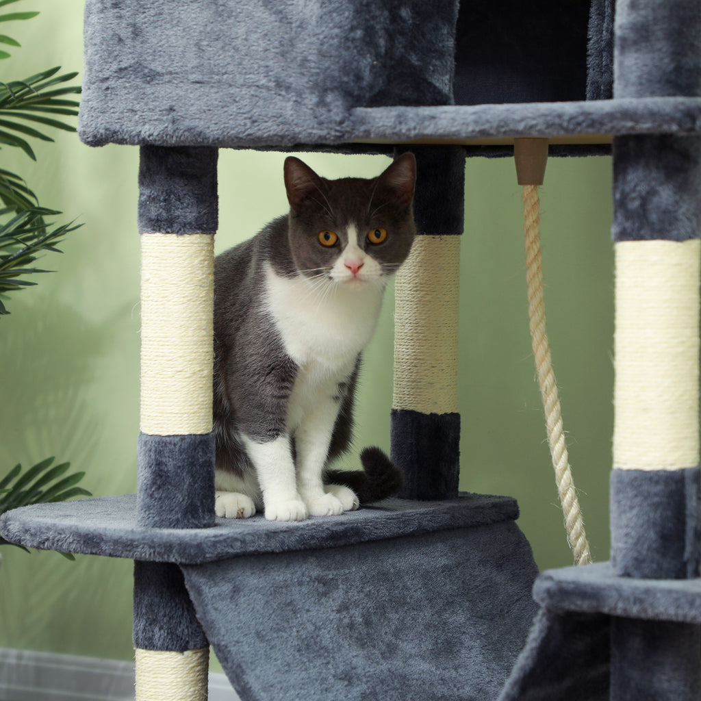 PawHut Cat Scratching Post, 206cm Tall, with 4 Scratching Posts, Caves, Baskets, Hammocks, for 1-3 Kittens 6kg, Dark Grey