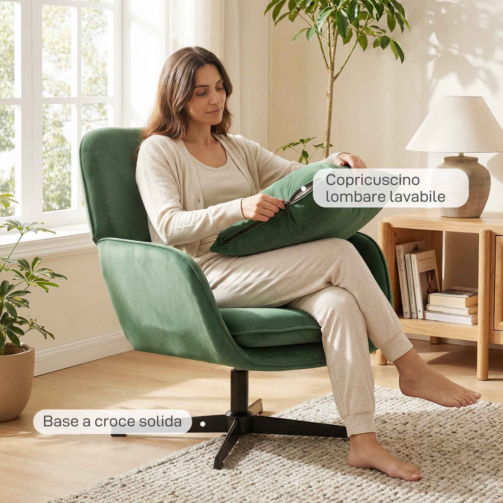 Swivel Lounge Chair with Lumbar Cushion and Velvet Fabric Upholstery, Green