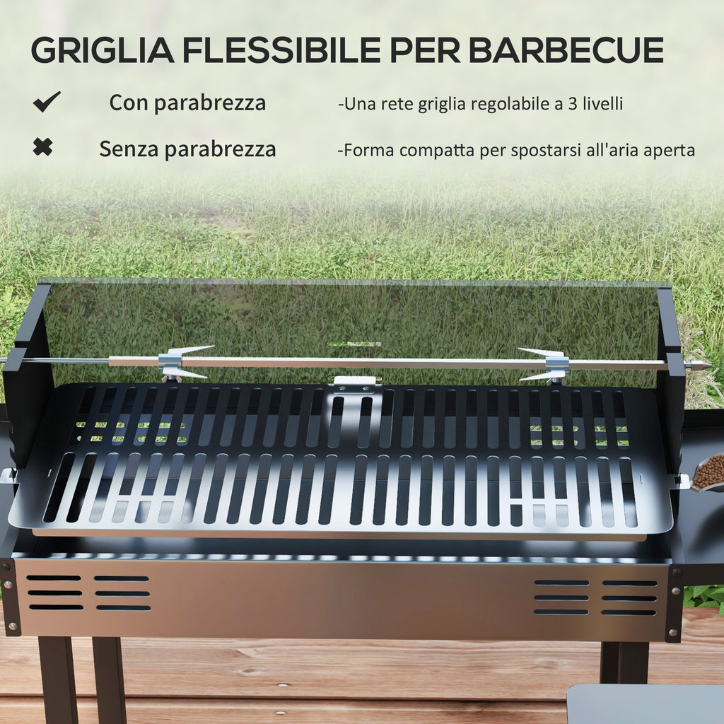 Outsunny 3-Level Charcoal Barbecue with Folding Shelves and Rotisserie, Stainless Steel, 118x32x90 cm, Black - Borgè