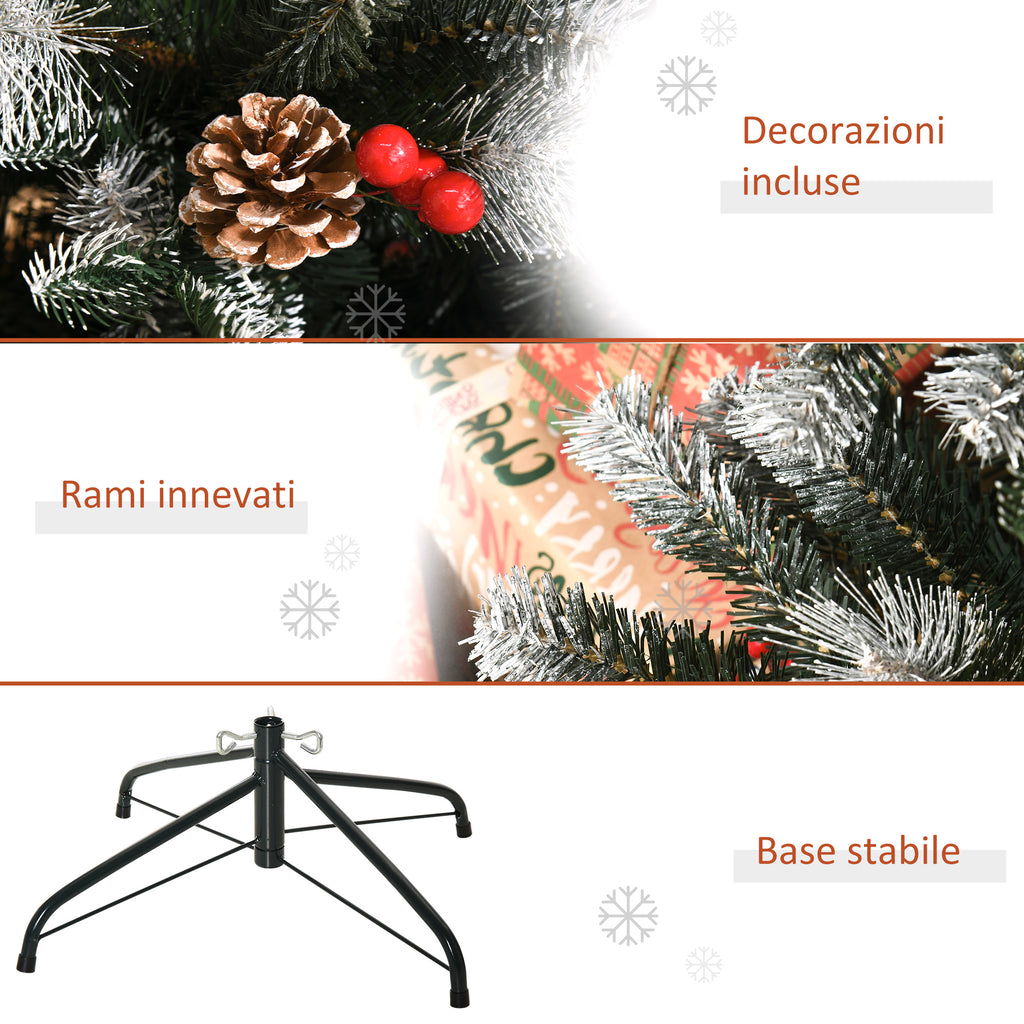 180cm Snowy Christmas Tree with Red Berries and White Pine Cones, Removable Folding Base, 678 Branches, Green