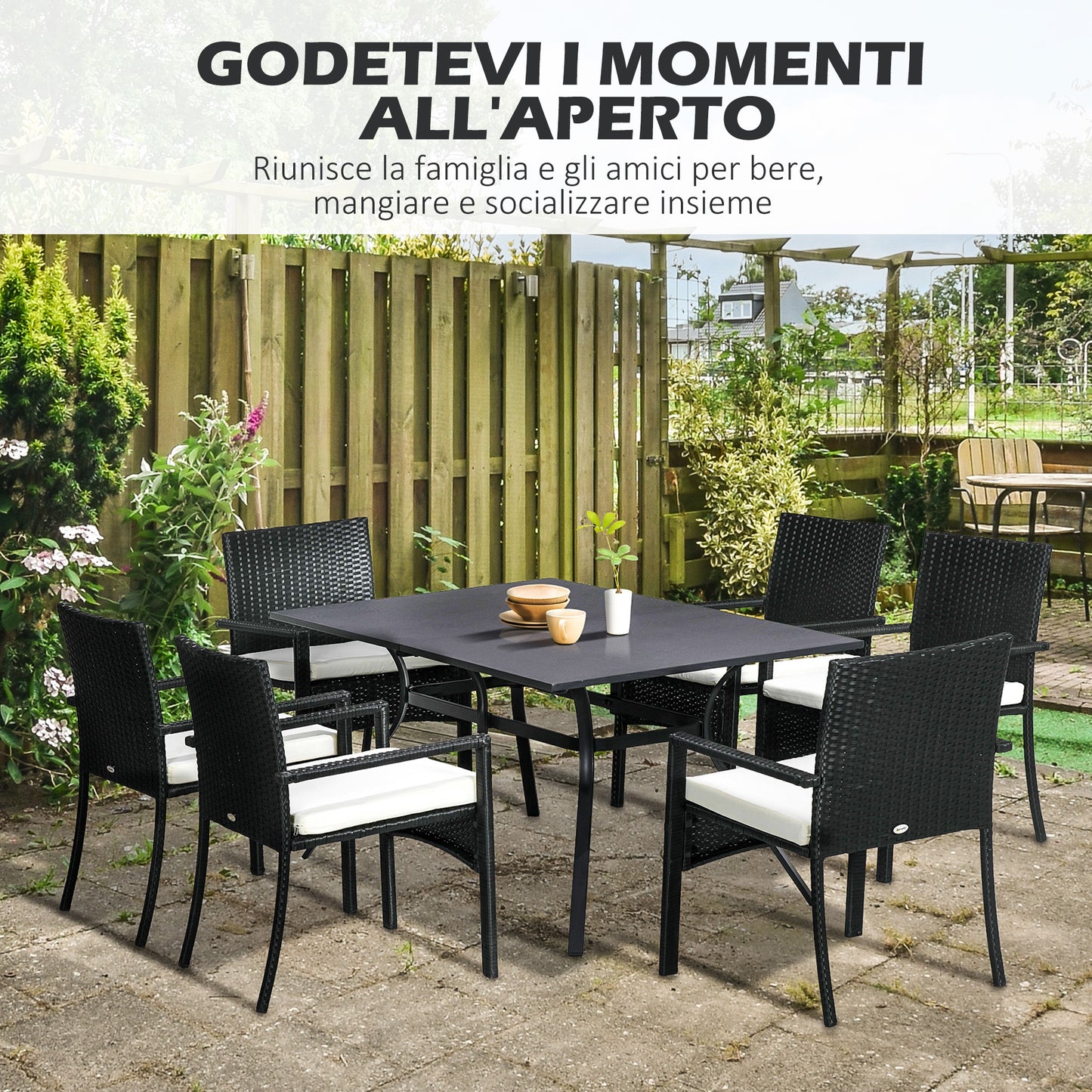 Elegant 7-Piece PE Rattan Garden Set with Dining Table (150x90x72 cm) and 6 Cushioned Chairs (58x62x87 cm) - Borgè