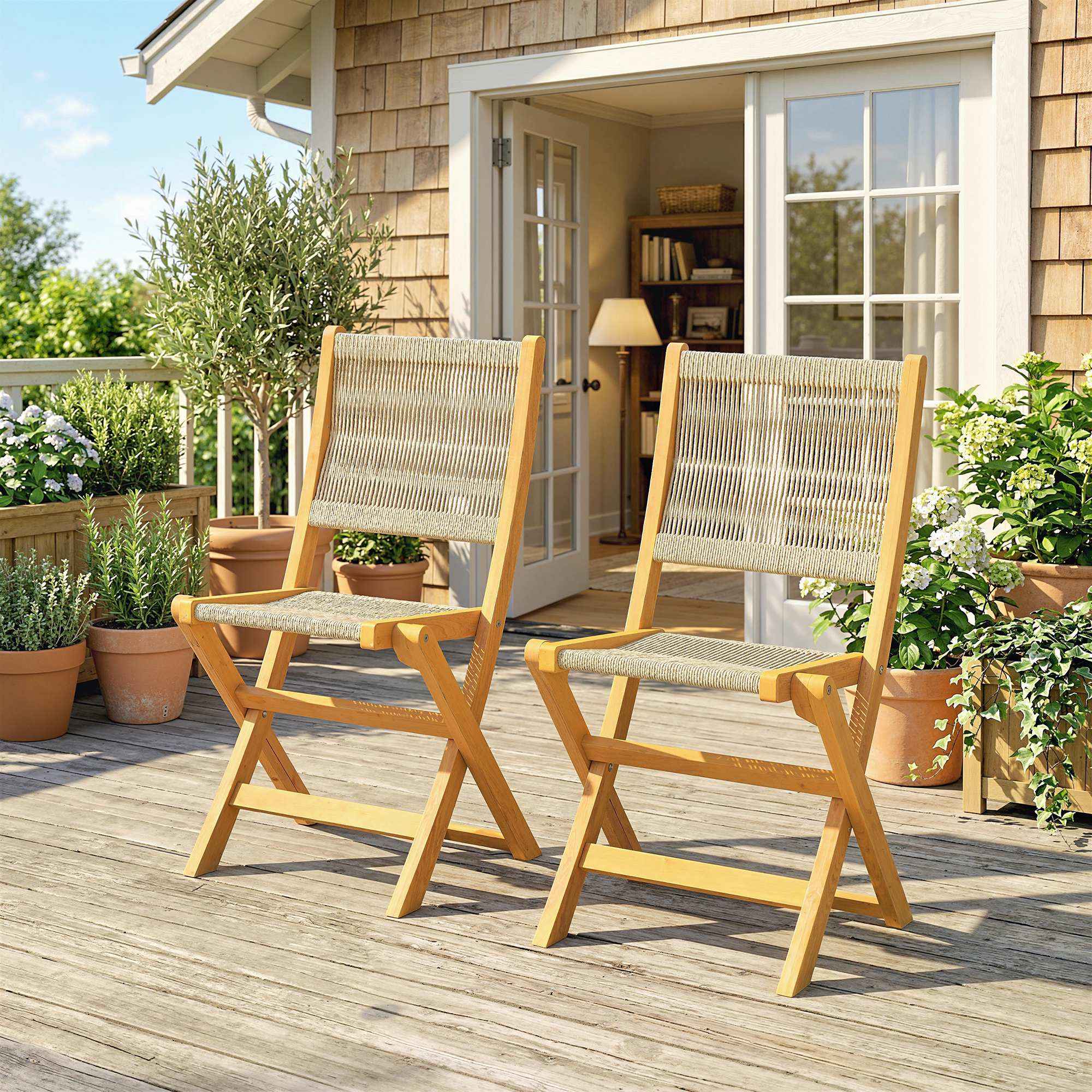 Outsunny Set of 2 Folding Garden Chairs in PE Rattan and Acacia Wood, Supports up to 160 kg, Beige