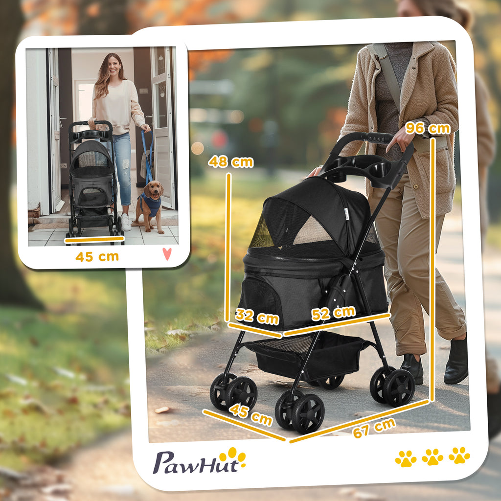 Foldable Dog Stroller with Safety Leash and Basket, Black