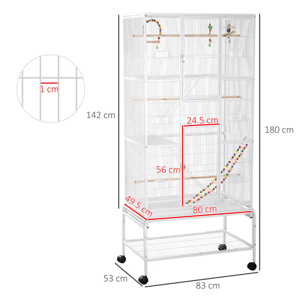 Bird Cage in Steel and PP with Perches, Toys, Food Containers and Tray, 83x53x180 cm, White - Borge' Group Limited