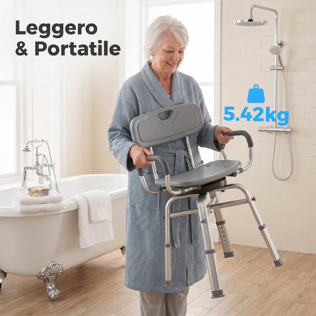 HOMCOM Height-Adjustable Swivel Shower Chair with Armrests, Backrest, 150kg Capacity, Grey