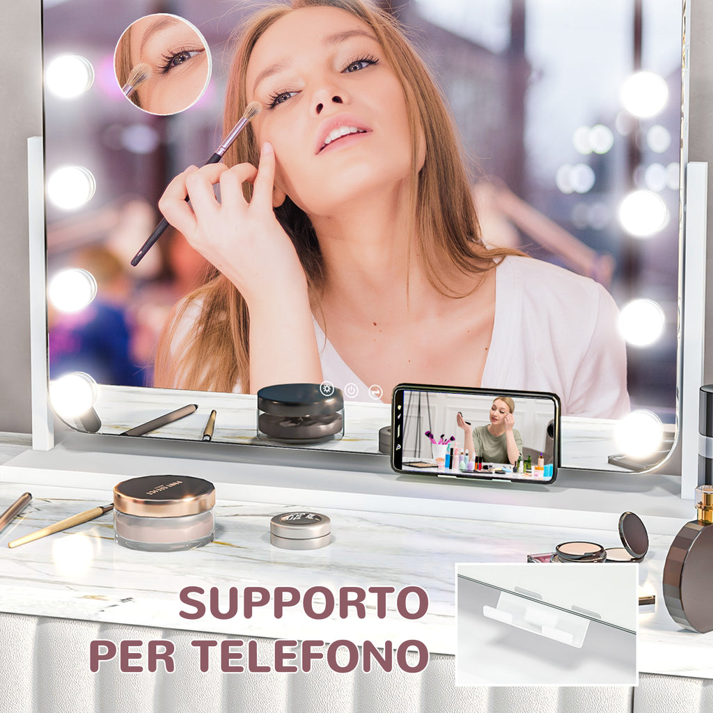 Makeup Mirror with 14 Adjustable LED Lights and USB Charging, Glass and Metal, 62.5x14x49.5 cm, White