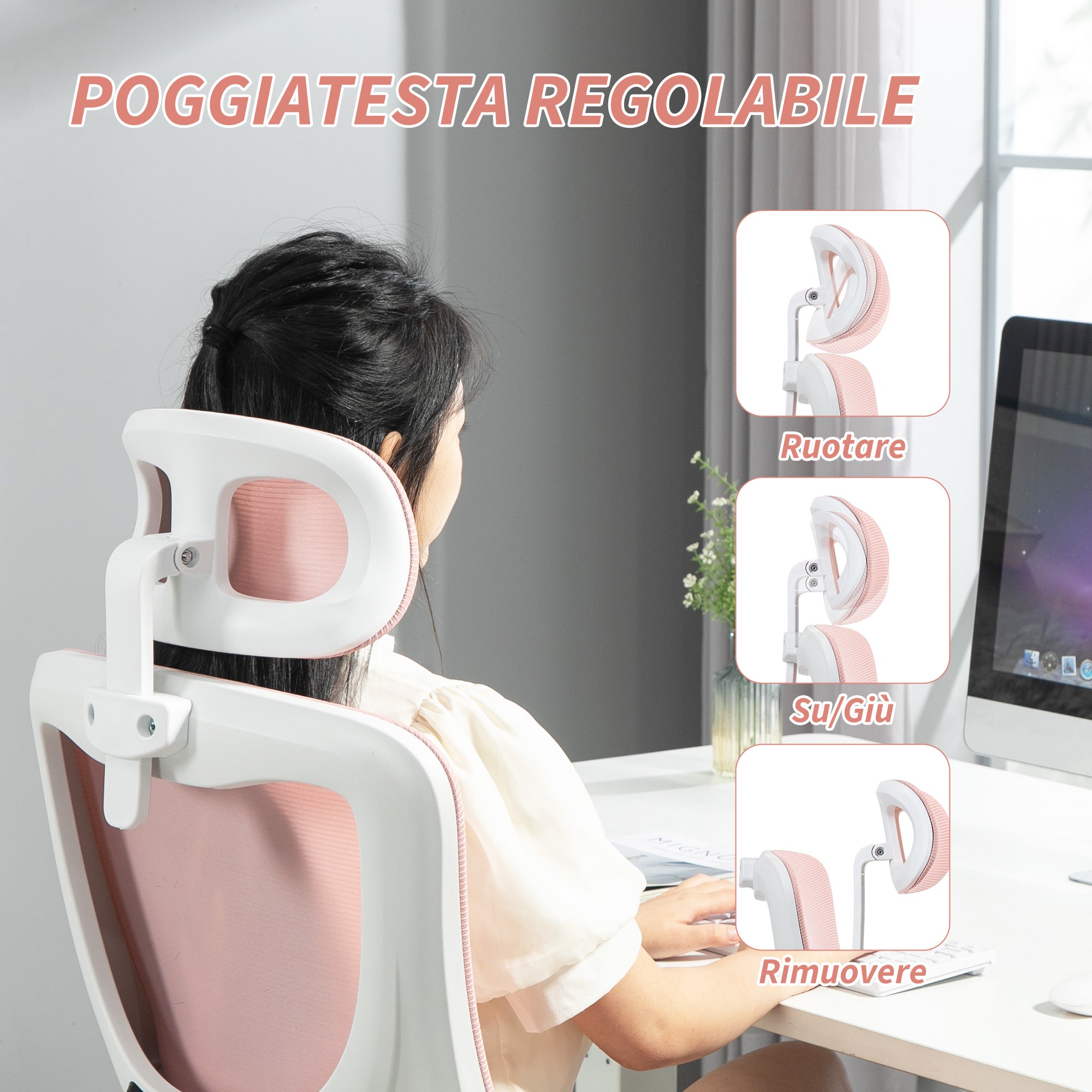 Adjustable and Reclining Office Chair with Removable Headrest, Mesh Fabric, 60x59x114-122 cm, Pink