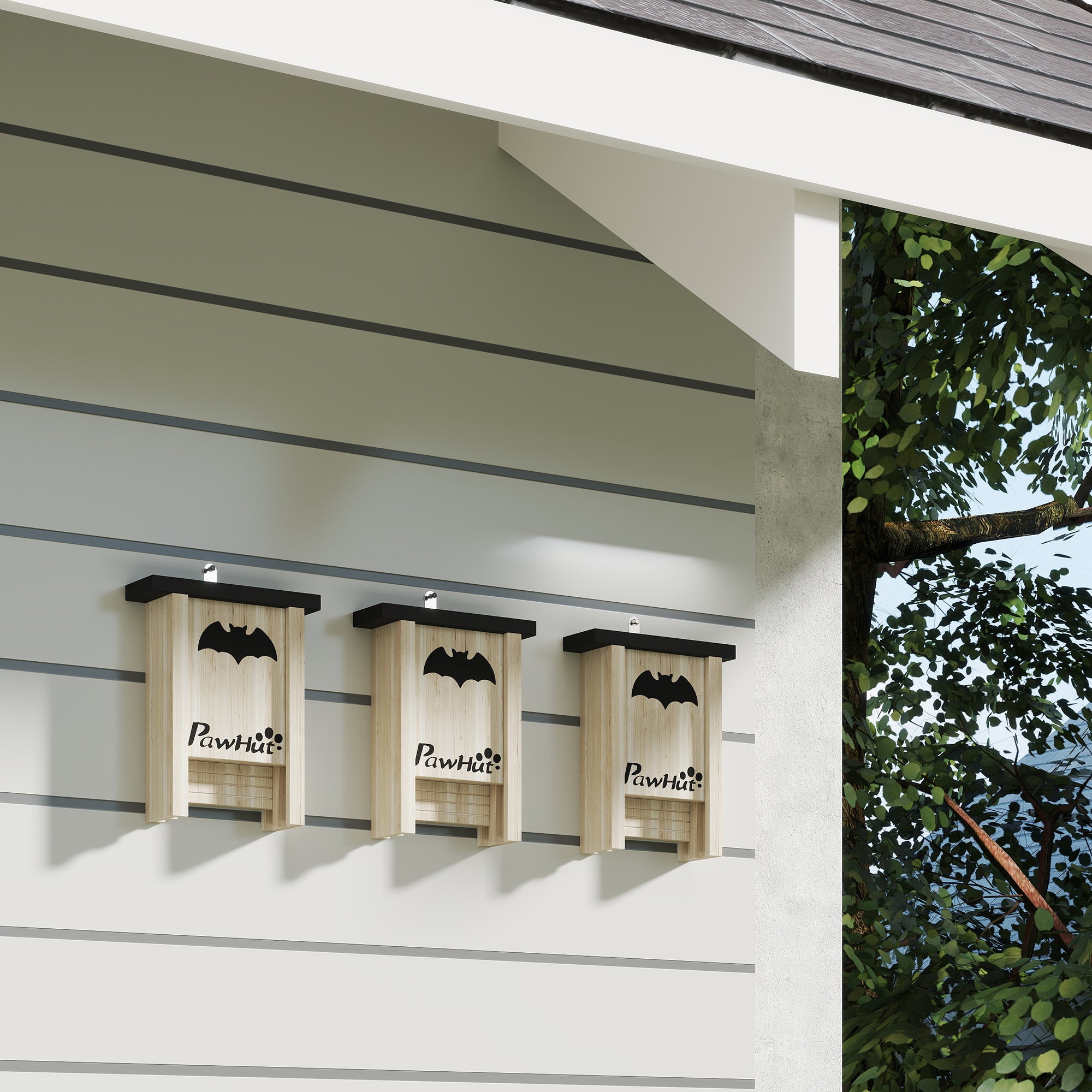 Set of 3 Bat Houses Bat Box in Fir Wood, 18x6x22.5 cm, Wood Color