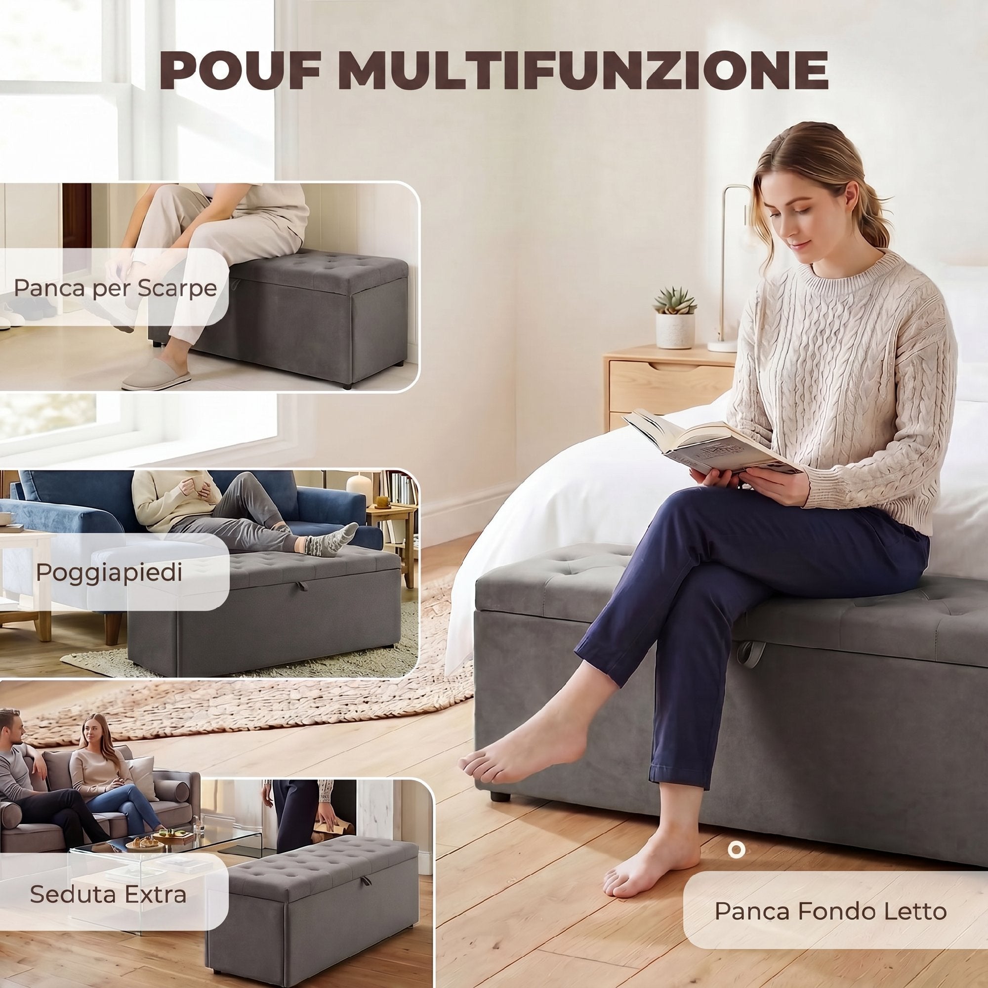 HOMCOM Velvet Storage Bench 140L with Wide Padded Seat, 240kg Capacity, Bedroom Living Room Entrance, Grey